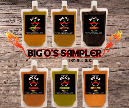 BIG O'S Sampler pack with six different colored sauces on a wooden background